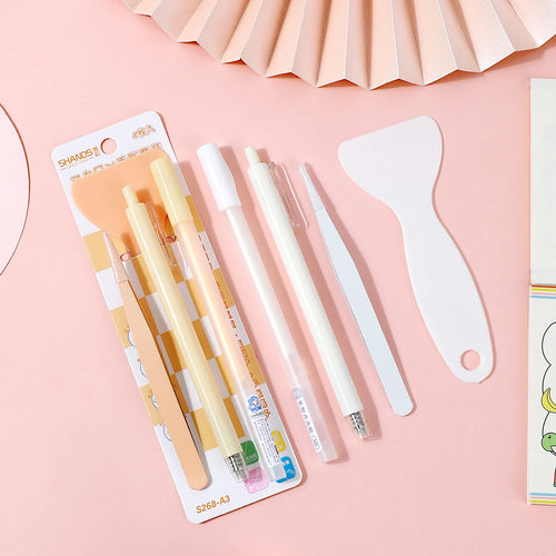 Set With 4PCS Stationery ,Combo Of School Supplies Including Pen-Shaped Glue Dot&Carving Pen&Plastic Spatula&Plastic Tweezers