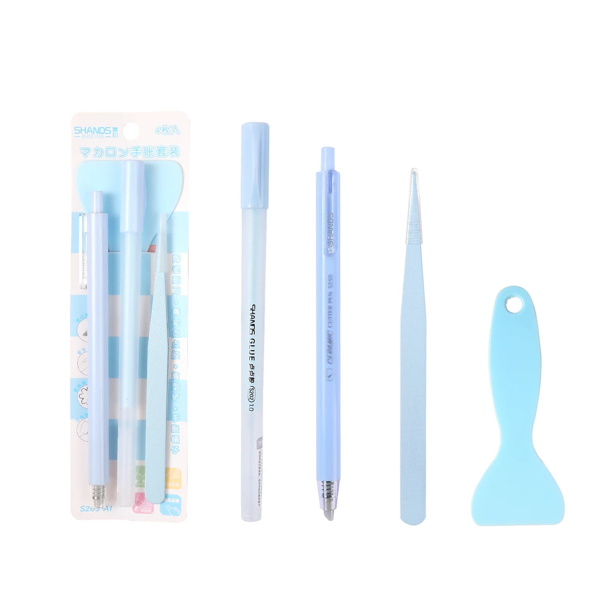 Set With 4PCS Stationery ,Combo Of School Supplies Including Pen-Shaped Glue Dot&Carving Pen&Plastic Spatula&Plastic Tweezers