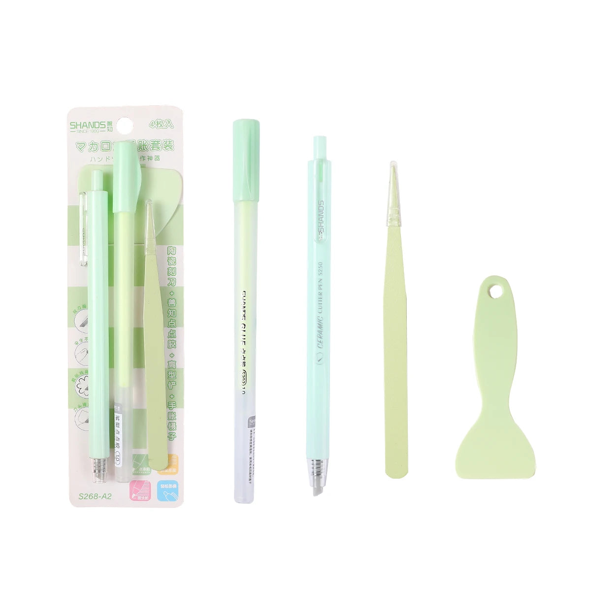 Set With 4PCS Stationery ,Combo Of School Supplies Including  Pen-Shaped Glue Dot&Carving Pen&Plastic Spatula&Plastic Tweezers