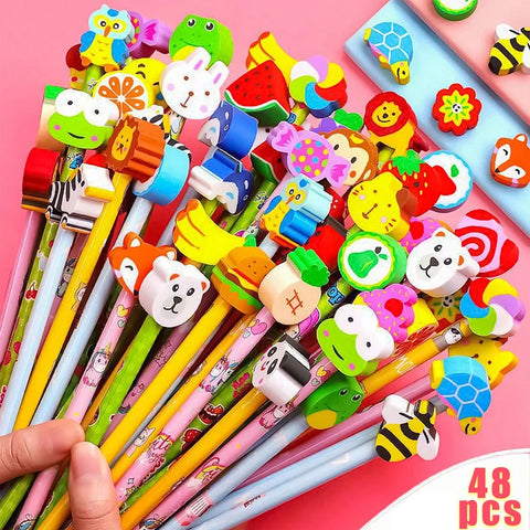 12/24/48Pcs Cartoon HB Pencils With Cute Eraser Tops School Supply Set Ideal For Back-To-School Students Gift Set Supplies