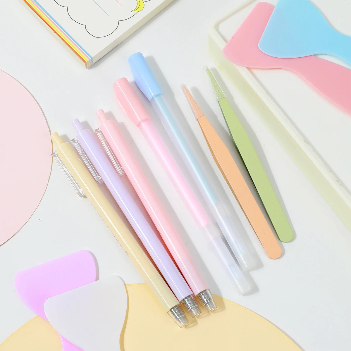 Set With 4PCS Stationery ,Combo Of School Supplies Including  Pen-Shaped Glue Dot&Carving Pen&Plastic Spatula&Plastic Tweezers