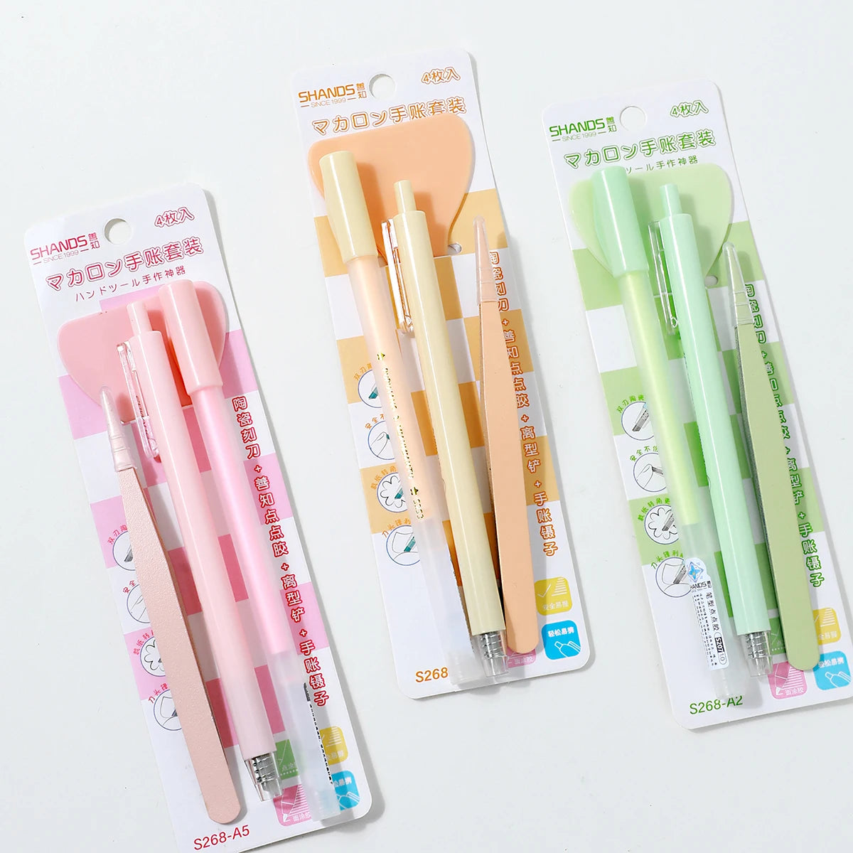 Set With 4PCS Stationery ,Combo Of School Supplies Including  Pen-Shaped Glue Dot&Carving Pen&Plastic Spatula&Plastic Tweezers