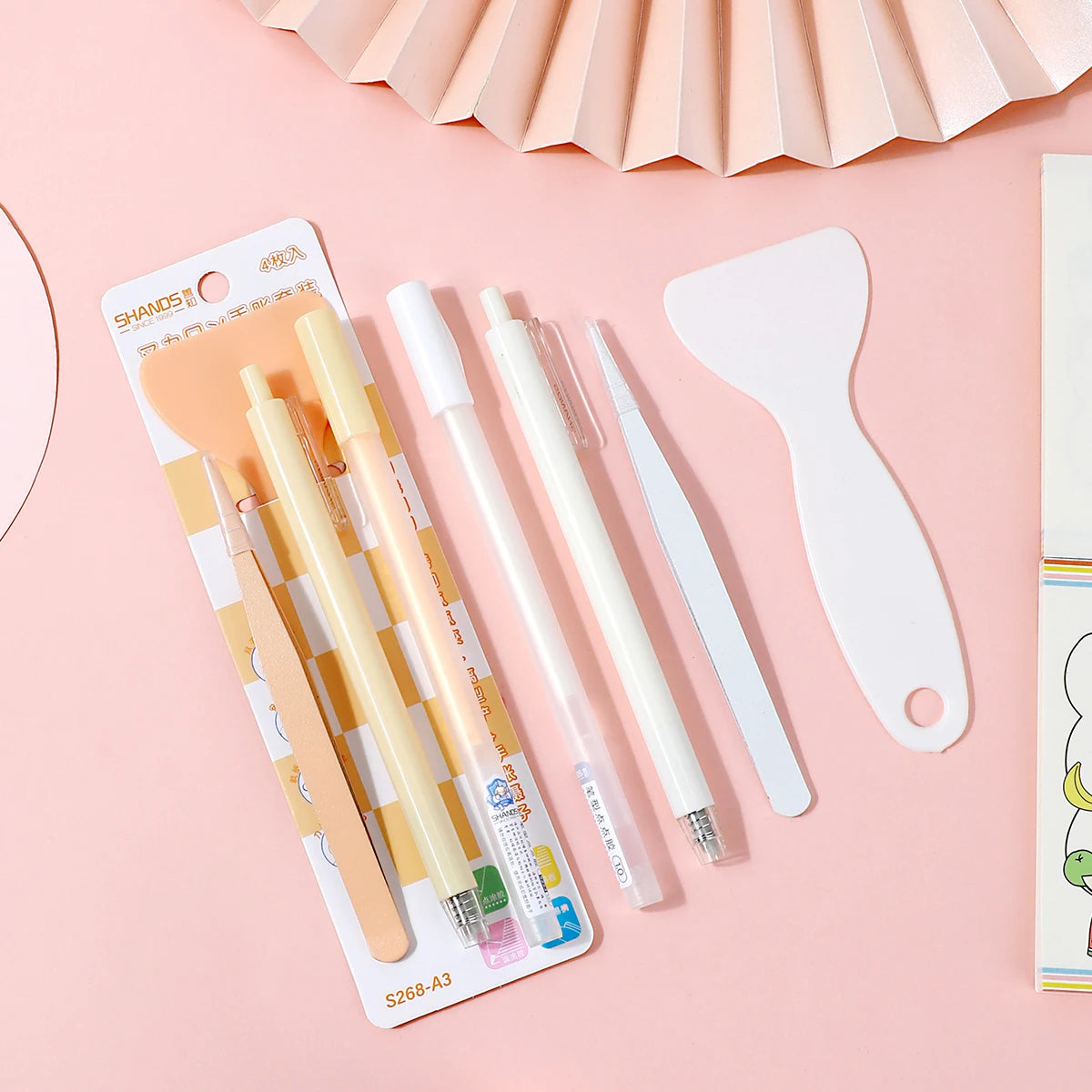 Set With 4PCS Stationery ,Combo Of School Supplies Including  Pen-Shaped Glue Dot&Carving Pen&Plastic Spatula&Plastic Tweezers