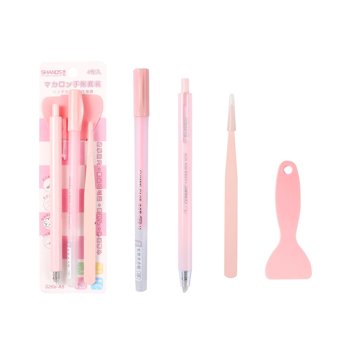 Set With 4PCS Stationery ,Combo Of School Supplies Including  Pen-Shaped Glue Dot&Carving Pen&Plastic Spatula&Plastic Tweezers