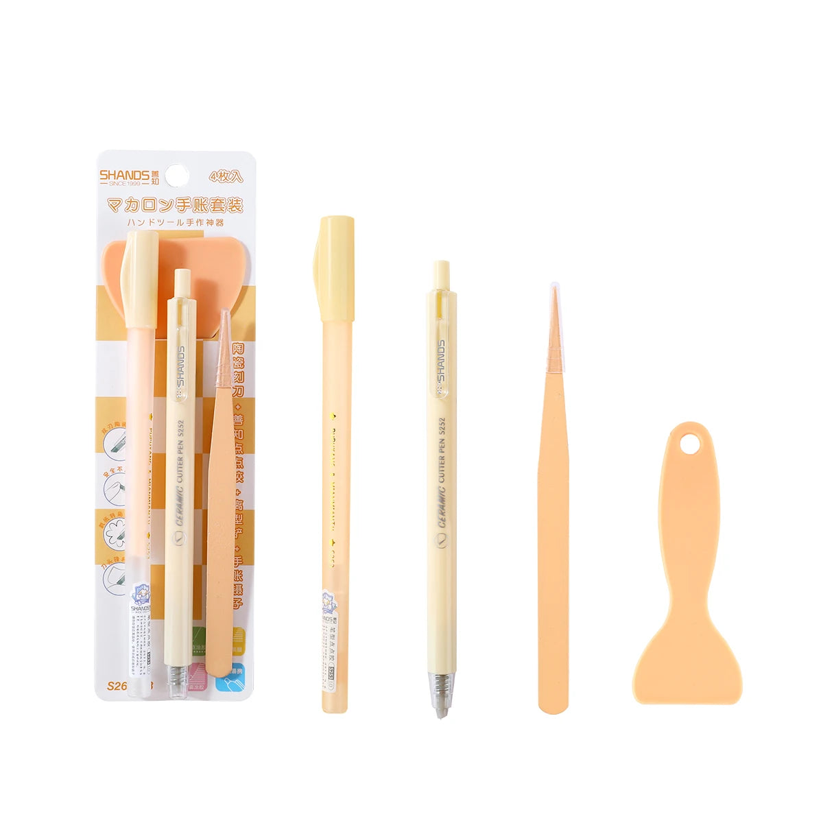 Set With 4PCS Stationery ,Combo Of School Supplies Including  Pen-Shaped Glue Dot&Carving Pen&Plastic Spatula&Plastic Tweezers
