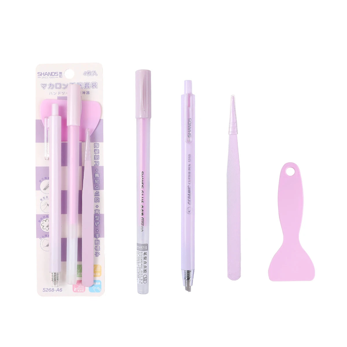 Set With 4PCS Stationery ,Combo Of School Supplies Including  Pen-Shaped Glue Dot&Carving Pen&Plastic Spatula&Plastic Tweezers